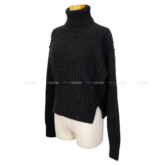 2025AW HERMES Knit Long Sleeve Turtle Cropped with Back Belt Gris Volcanic Wool/Sheep Leather #34 H5H2627DAFV38[BRAND NEW][Authentic]