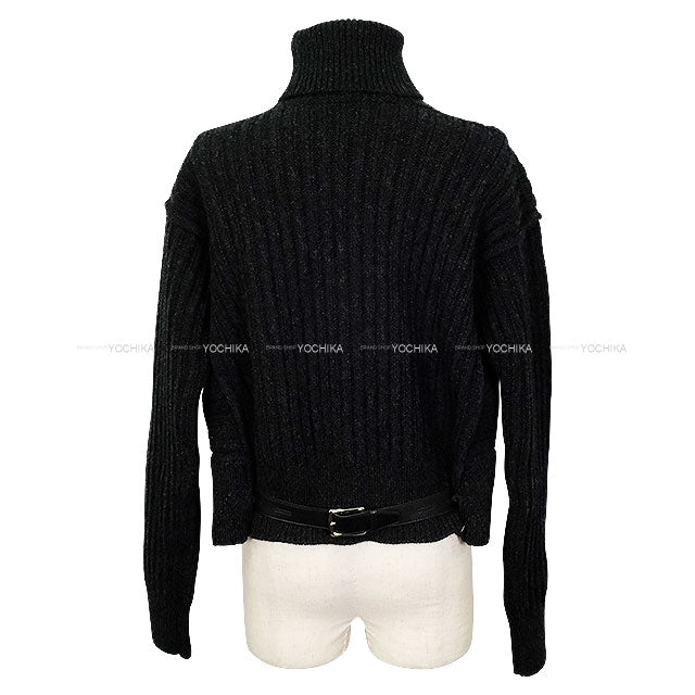 2025AW HERMES Knit Long Sleeve Turtle Cropped with Back Belt Gris Volcanic Wool/Sheep Leather #34 H5H2627DAFV38[BRAND NEW][Authentic]