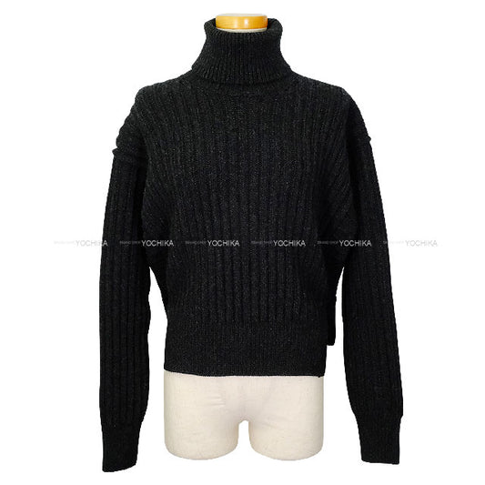2025AW HERMES Knit Long Sleeve Sweter Turtle Cropped with Back Belt Gris Volcanic Wool/Sheep Leather #34 H5H2627DAFV[BRAND NEW][Authentic]