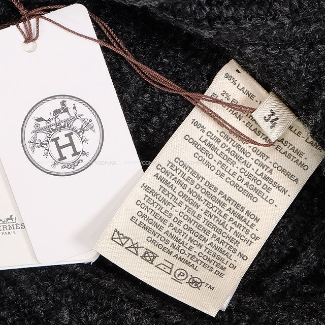 2025AW HERMES Knit Long Sleeve Turtle Cropped with Back Belt Gris Volcanic Wool/Sheep Leather #34 H5H2627DAFV38[BRAND NEW][Authentic]