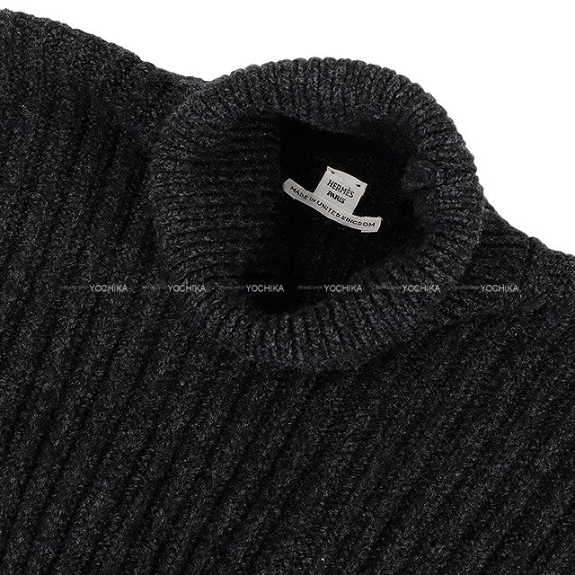 2025AW HERMES Knit Long Sleeve Sweter Turtle Cropped with Back BeltGris Volcanic Wool/Sheep Leather #34 H5H2627DAFV[BRAND NEW][Authentic]