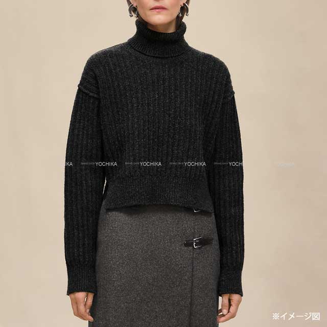 2025AW HERMES Knit Long Sleeve Sweter Turtle Cropped with Back BeltGris Volcanic Wool/Sheep Leather #34 H5H2627DAFV[BRAND NEW][Authentic]
