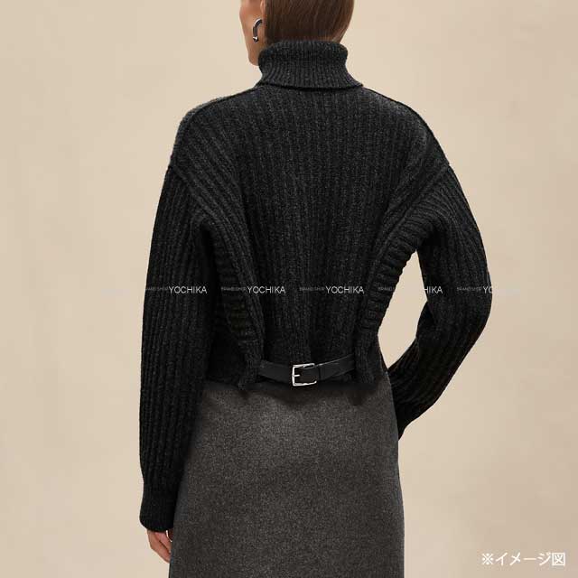 2025AW HERMES Knit Long Sleeve Sweter Turtle Cropped with Back BeltGris Volcanic Wool/Sheep Leather #34 H5H2627DAFV[BRAND NEW][Authentic]