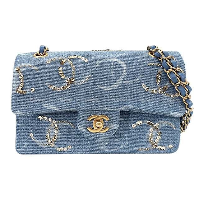 CHANEL Shoulder bag Matelasse 25 COCO mark Sequin Blue Denim Mat Gold HW A01112[EXCELLENT][Authentic]