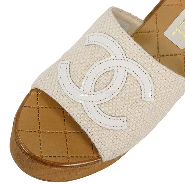 2024SS CHANEL sandals COCO mark Wedge Sole Ivory Canvas Suede #38C G45555[EXCELLENT][Authentic]