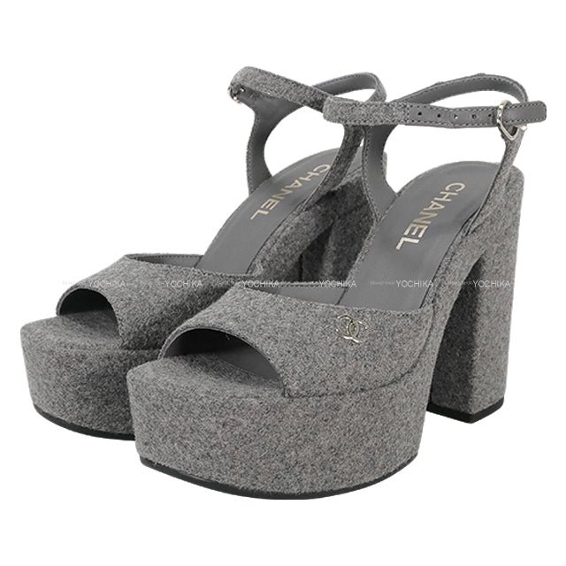 CHANEL sandals COCO mark Platform Grey Wool #37.5C Champagne Gold HW G45940[EXCELLENT][Authentic]