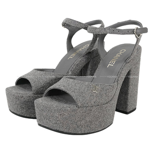 CHANEL sandals COCO mark Platform Grey Wool #37.5C Champagne Gold HW G45940[EXCELLENT][Authentic]