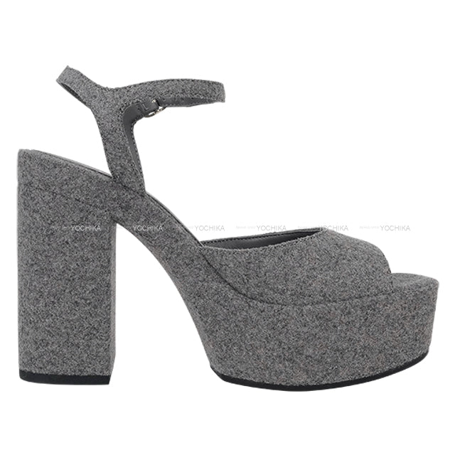 CHANEL sandals COCO mark Platform Grey Wool #37.5C Champagne Gold HW G45940[EXCELLENT][Authentic]