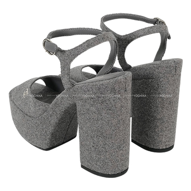 CHANEL sandals COCO mark Platform Grey Wool #37.5C Champagne Gold HW G45940[EXCELLENT][Authentic]