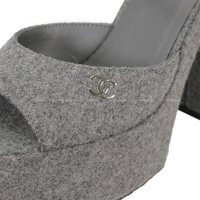 CHANEL sandals COCO mark Platform Grey Wool #37.5C Champagne Gold HW G45940[EXCELLENT][Authentic]
