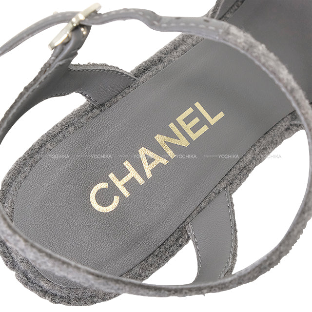 CHANEL sandals COCO mark Platform Grey Wool #37.5C Champagne Gold HW G45940[EXCELLENT][Authentic]
