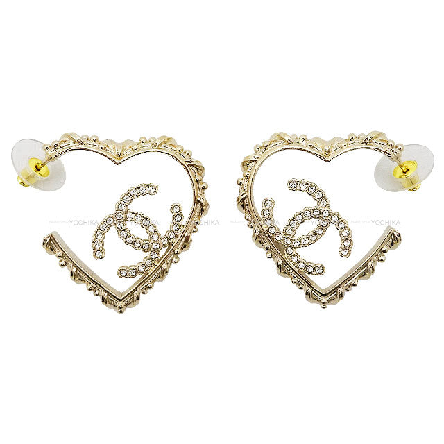 2025SS CHANEL pierced earring COCO mark Heart Hoop Rhinestone Gold Strass Champagne Gold HW ABF267[EXCELLENT][Authentic]