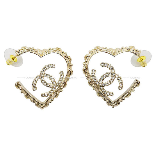 2025SS CHANEL pierced earring COCO mark Heart Hoop Rhinestone Gold Strass Champagne Gold HW ABF267[EXCELLENT][Authentic]