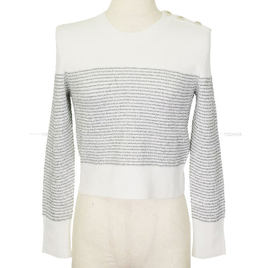 2024 COCO BEACH CHANEL Knit Pullover sweater COCO Button Lame Blanc (White)/Silver Viscose/Polyester #34 P76887[EXCELLENT][Authentic]