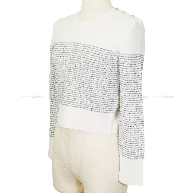 2024 COCO BEACH CHANEL Knit Pullover sweater COCO Button Lame Blanc (White)/Silver Viscose/Polyester #34 P76887[EXCELLENT][Authentic]