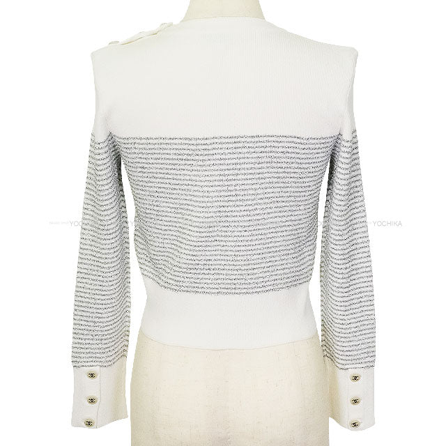 2024 COCO BEACH CHANEL Knit Pullover sweater COCO Button Lame Blanc (White)/Silver Viscose/Polyester #34 P76887[EXCELLENT][Authentic]