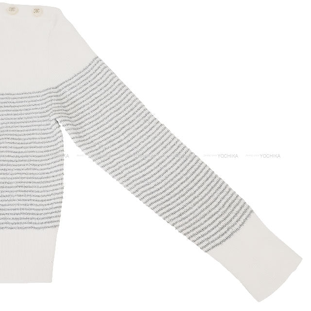 2024 COCO BEACH CHANEL Knit Pullover sweater COCO Button Lame Blanc (White)/Silver Viscose/Polyester #34 P76887[EXCELLENT][Authentic]