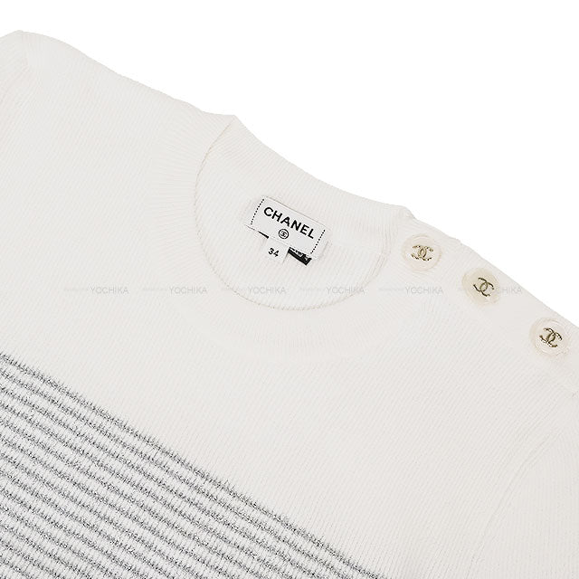 2024 COCO BEACH CHANEL Knit Pullover sweater COCO Button Lame Blanc (White)/Silver Viscose/Polyester #34 P76887[EXCELLENT][Authentic]
