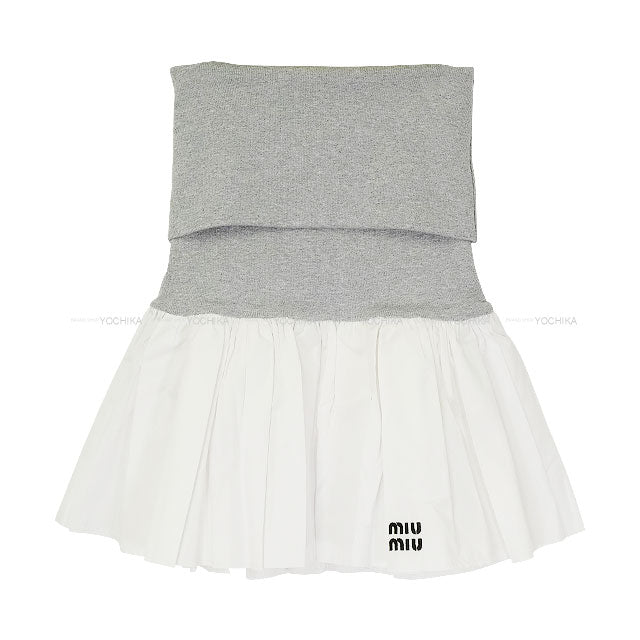 Miu Miu mini skirt Poplin Knit Trim Logo Embroidery Blanc (White)/Grey Cotton/Cashmere #38 MG2466[EXCELLENT][Authentic]