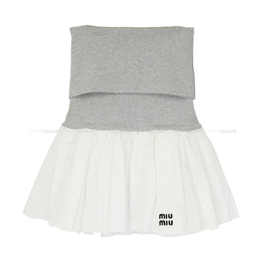 Miu Miu mini skirt Poplin Knit Trim Logo Embroidery Blanc (White)/Grey Cotton/Cashmere #38 MG2466[EXCELLENT][Authentic]