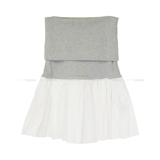 Miu Miu mini skirt Poplin Knit Trim Logo Embroidery Blanc (White)/Grey Cotton/Cashmere #38 MG2466[EXCELLENT][Authentic]