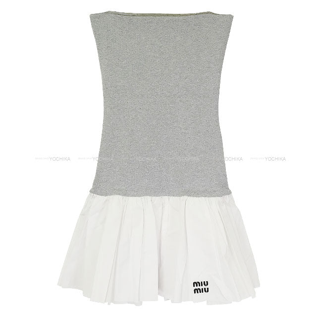 Miu Miu mini skirt Poplin Knit Trim Logo Embroidery Blanc (White)/Grey Cotton/Cashmere #38 MG2466[EXCELLENT][Authentic]