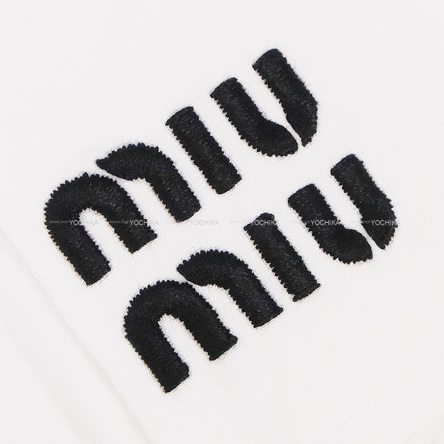 Miu Miu mini skirt Poplin Knit Trim Logo Embroidery Blanc (White)/Grey Cotton/Cashmere #38 MG2466[EXCELLENT][Authentic]