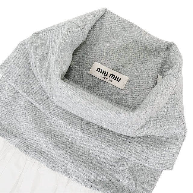 Miu Miu mini skirt Poplin Knit Trim Logo Embroidery Blanc (White)/Grey Cotton/Cashmere #38 MG2466[EXCELLENT][Authentic]