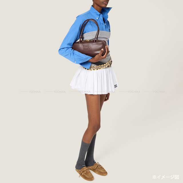 Miu Miu mini skirt Poplin Knit Trim Logo Embroidery Blanc (White)/Grey Cotton/Cashmere #38 MG2466[EXCELLENT][Authentic]