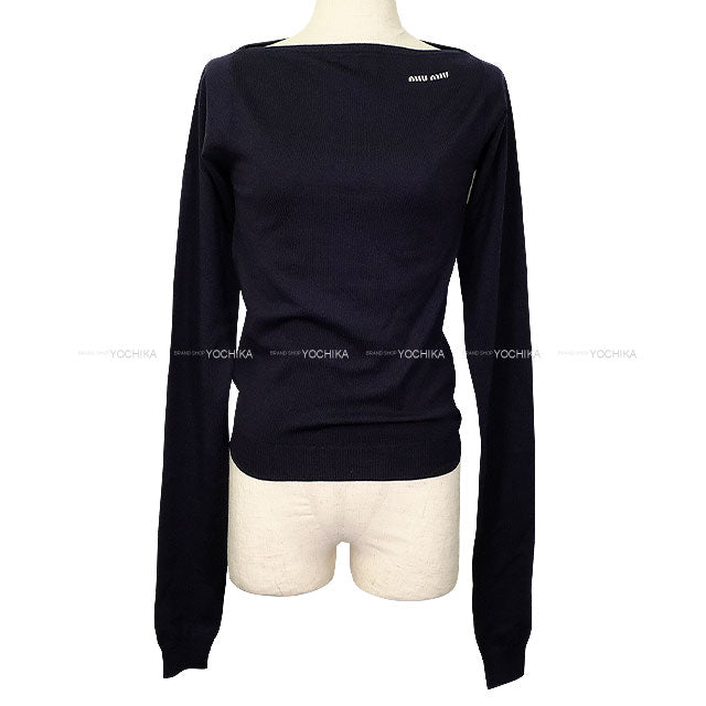Miu Miu Sweater Bort Neck with Logo Navy Virgin Wool #38 MMLA85[EXCELLENT][Authentic]