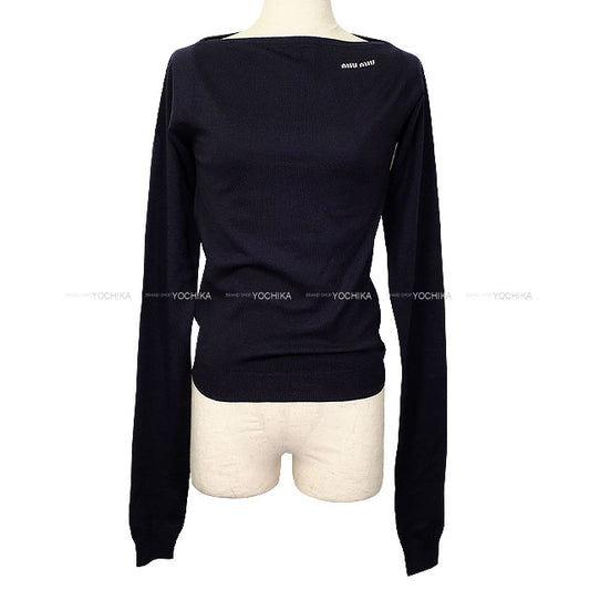 Miu Miu Sweater Bort Neck with Logo Navy Virgin Wool #38 MMLA85[EXCELLENT][Authentic]
