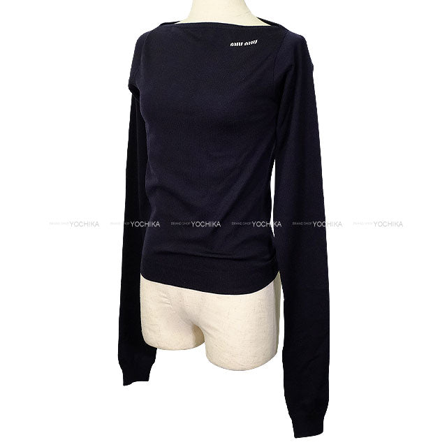 Miu Miu Sweater Bort Neck with Logo Navy Virgin Wool #38 MMLA85[EXCELLENT][Authentic]