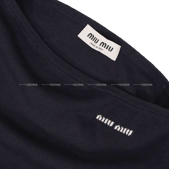 Miu Miu Sweater Bort Neck with Logo Navy Virgin Wool #38 MMLA85[EXCELLENT][Authentic]