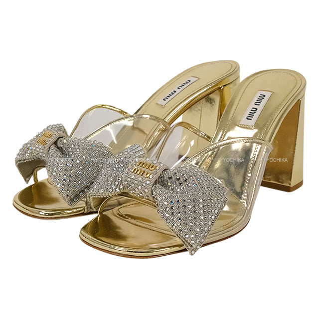 Miu Miu sandals Ribbon With Logo Gold Crystal #38 Gold HW[EXCELLENT][Authentic]