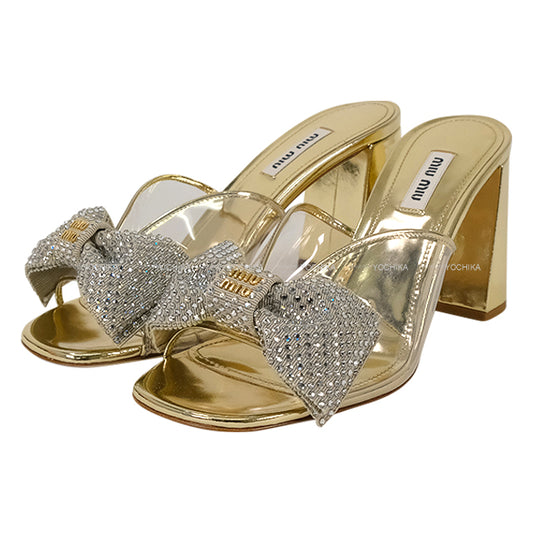 Miu Miu sandals Ribbon With Logo Gold Crystal #38 Gold HW[EXCELLENT][Authentic]