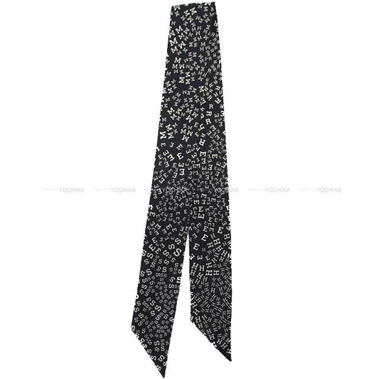 HERMES scarf Twilly Logo Alphabet Noir (Black)/Blanc (White) Silk100%[EXCELLENT][Authentic]