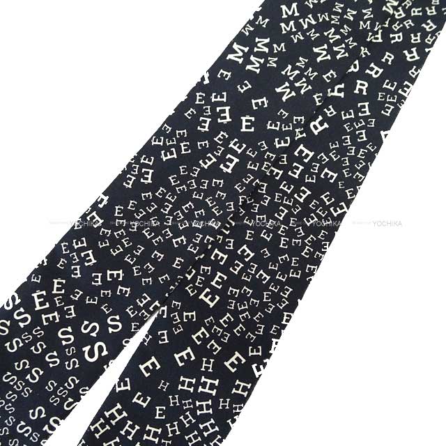 HERMES scarf Twilly Logo Alphabet Noir (Black)/Blanc (White) Silk100%[EXCELLENT][Authentic]
