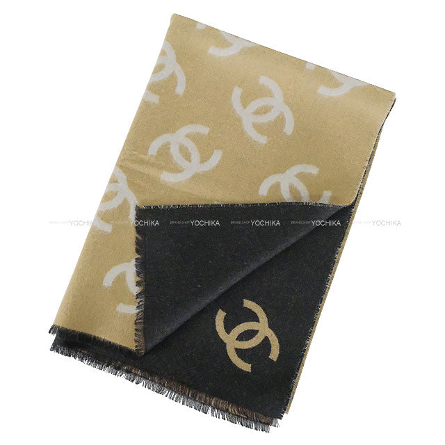CHANEL Stall Large logo 2 patterns COCO mark two tone Beige/Blanc (White)/Noir (Black) Cashmere AAB347[BRAND NEW][Authentic]