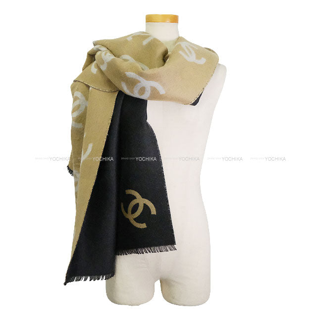 CHANEL Stall Large logo 2 patterns COCO mark two tone Beige/Blanc (White)/Noir (Black) Cashmere AAB347[BRAND NEW][Authentic]