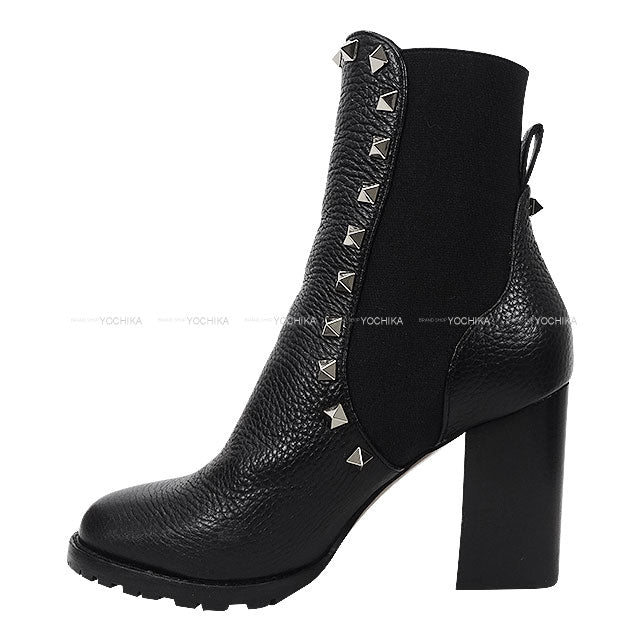[Pre-loved] VALENTINO boots Ankle Studs Noir (Black) Graind Calf(Caviarskin) #35.5 Gold HW VSV1942[LIKE NEW][Authentic]