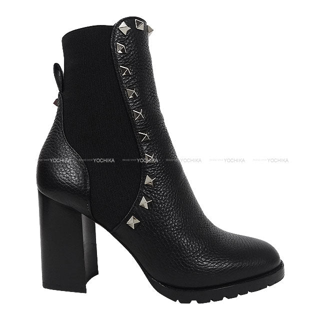 [Pre-loved] VALENTINO boots Ankle Studs Noir (Black) Graind Calf(Caviarskin) #35.5 Gold HW VSV1942[LIKE NEW][Authentic]