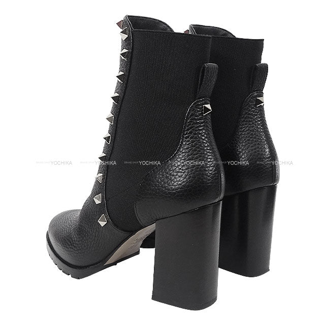 [Pre-loved] VALENTINO boots Rock studs Side Gore Ankle Chunky Heel Noir (Black) Graind Calf(Caviarskin) #35.5 Gold HW VSV1942[LIKE NEW][Authentic]