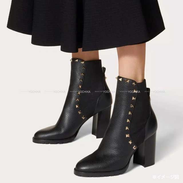 [Pre-loved] VALENTINO boots Rock studs Side Gore Ankle Chunky Heel Noir (Black) Graind Calf(Caviarskin) #35.5 Gold HW VSV1942[LIKE NEW][Authentic]