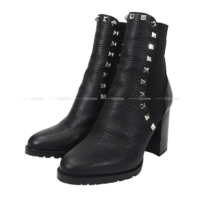 [Pre-loved] VALENTINO boots Rock studs Side Gore Ankle Chunky Heel Noir (Black) Graind Calf(Caviarskin) #35.5 Gold HW VSV1942[LIKE NEW][Authentic]