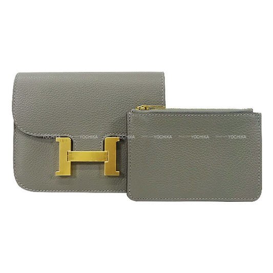 HERMES Bi-fold wallet Constance Slim Gris Meyer Evercolor Gold HW Stamp W[EXCELLENT][Authentic]