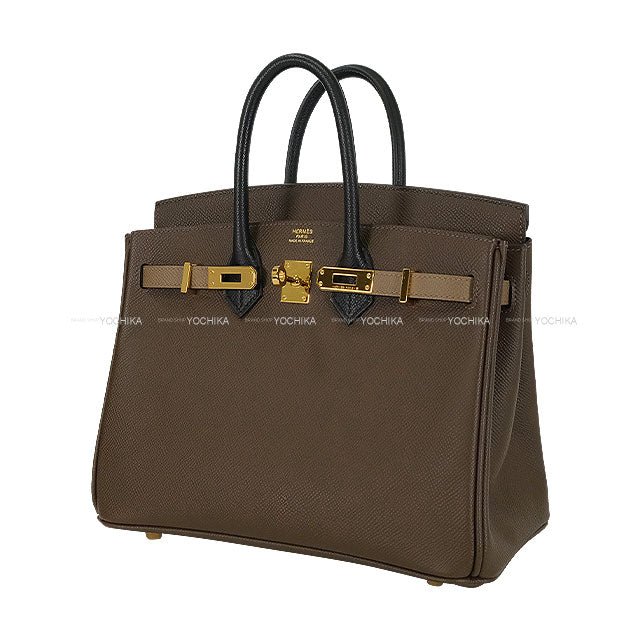 [Pre-loved] HERMES Handbag Birkin25 Retourne Tricolor Ecorce/Noir (Black)/Etoupe Veau Epsom Gold HW Stamp W[LIKE NEW][Authentic]