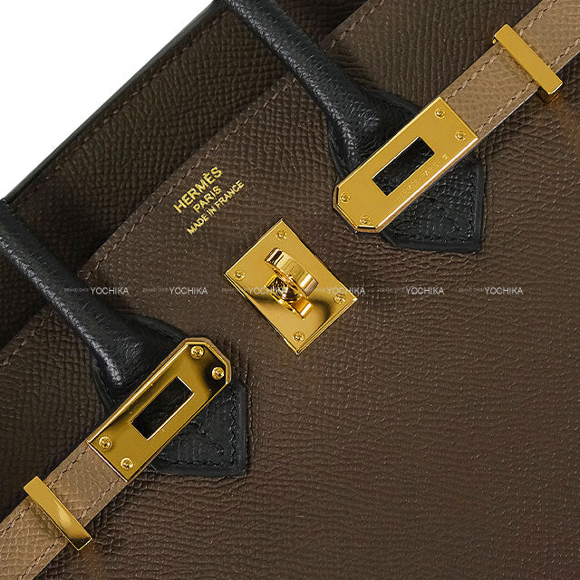 [Pre-loved] HERMES Handbag Birkin25 Retourne Tricolor Ecorce/Noir (Black)/Etoupe Veau Epsom Gold HW Stamp W[LIKE NEW][Authentic]