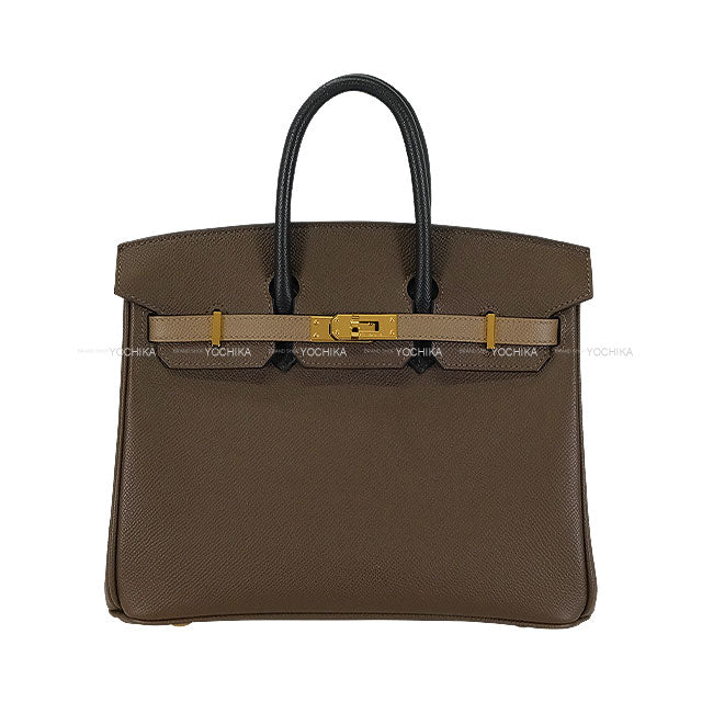 [Pre-loved] HERMES Handbag Birkin25 Retourne Tricolor Ecorce/Noir (Black)/Etoupe Veau Epsom Gold HW Stamp W[LIKE NEW][Authentic]