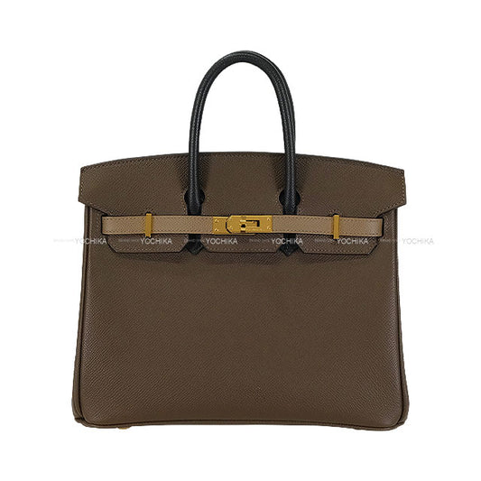 [Pre-loved] HERMES Handbag Birkin25 Retourne Tricolor Ecorce/Noir (Black)/Etoupe Veau Epsom Gold HW Stamp W[LIKE NEW][Authentic]