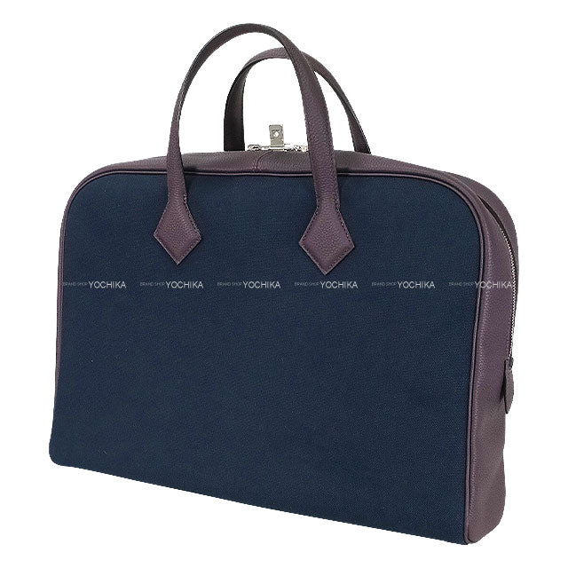 [Pre-loved] HERMES Shoulder bag Victoria 2 43 Fourre-tout Prune/Bleu Nuit Taurillon Clemence/Toile H Silver HW Stamp D[LIKE NEW][Authentic]